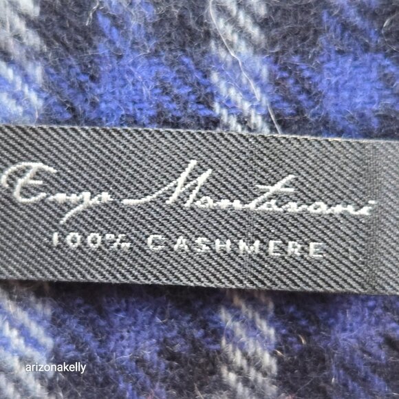 Enzo Mantovani Cashmere Scarf Blue Black Plaid Checks - Picture 10 of 10